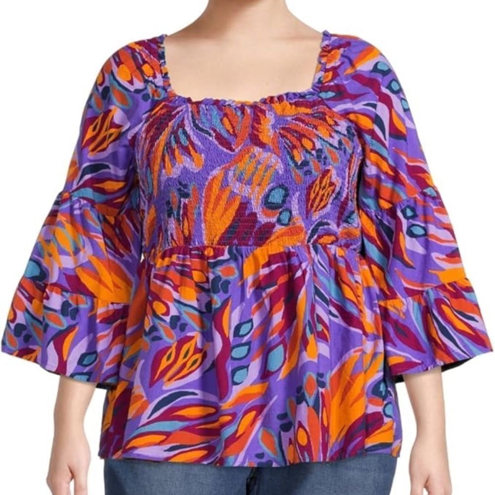 Terra & Sky Multicolor Bell Sleeve Smocked Tropical‎ Plus Blouse, 3X